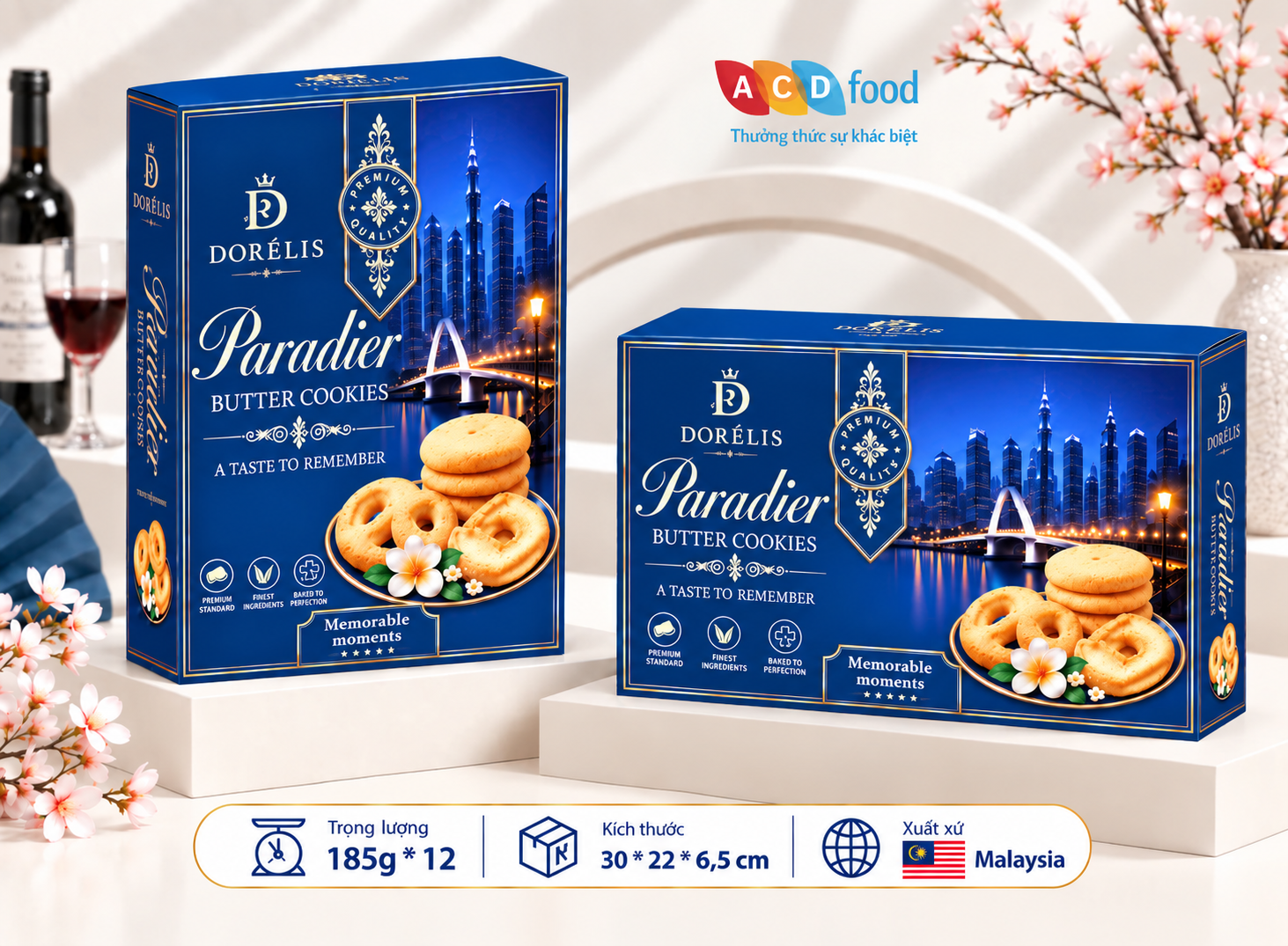 Bánh quy bơ Paradier 185g*12 - Hộp giấy (Đỏ, Vàng, Xanh)
